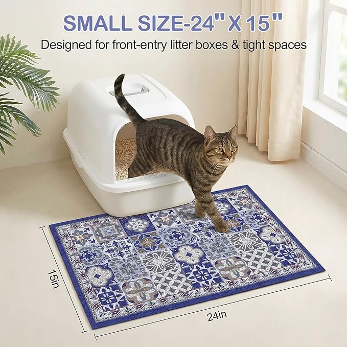 Glittme Cat Litter Mat with Non-Slip Bottom Litter Box Mat 24"X15" Litter Trapping Mat Easy to Clean Washable Cat Food Mat for Kitty,S