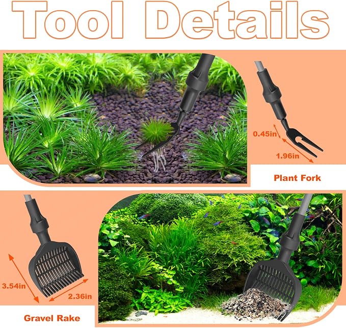 7-in-1 Aquarium Cleaning Tool, Fish Tank Cleaner with Telescopic Handle | Aquariums Scraper,Adjustable Angle Brush,Gravel Rake,Plant Fork, Flat Sponge,Large Fishes Net,Hose Brushes