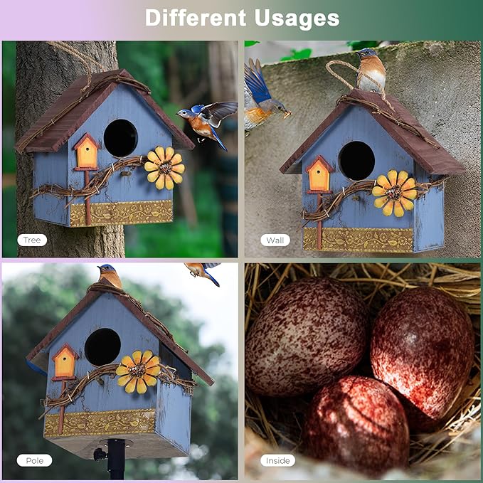 Hanging Bird Houses for Outside Decorative Birdhouse, Garden Bird Feeders for Outdoors, Blue Wooden Bird Nest Box for Wren Finchs Hummingbird Cardinal Bluebird Wild Birds, Gift for Bird Lovers