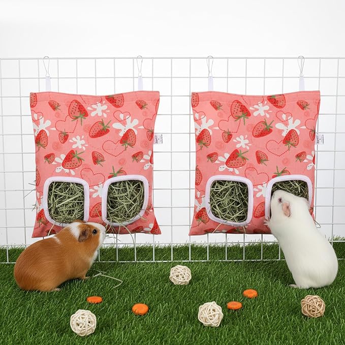 2pcs Bunny Hay Bag, 2-Hole Rabbit Hay Bags, 13.78 X 9.45in Hay Bag for Guinea Pigs, Hanging Guinea Pig Hay Holder for Guineas Pigs Bunny, Small Pets (Pink Strawberry)