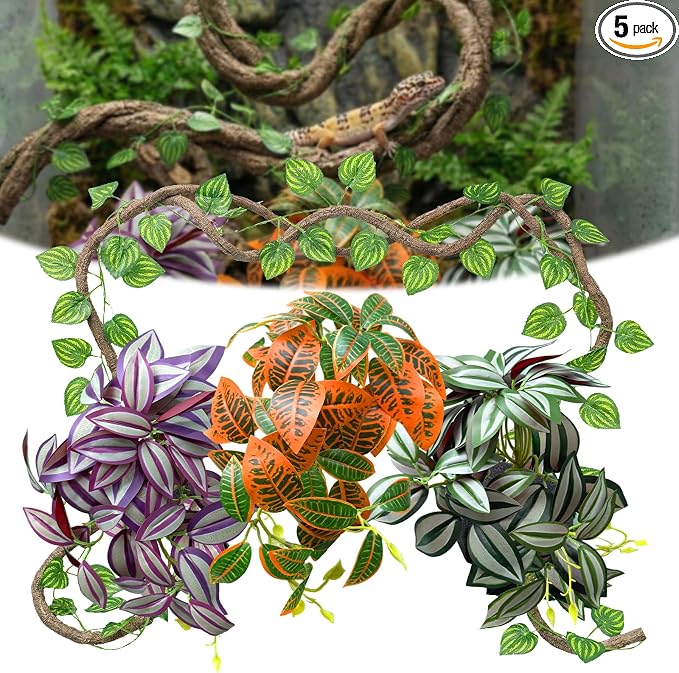 5 Pcs Reptile Plants & Habitat Decor Kit - 3 Artificial Hanging Plants & Large 3.3ft Jungle Vine Branch, Terrarium Tank Climbing Accessories for Crested Gecko, Bearded Dragon, Lizard, Snake, Chameleon