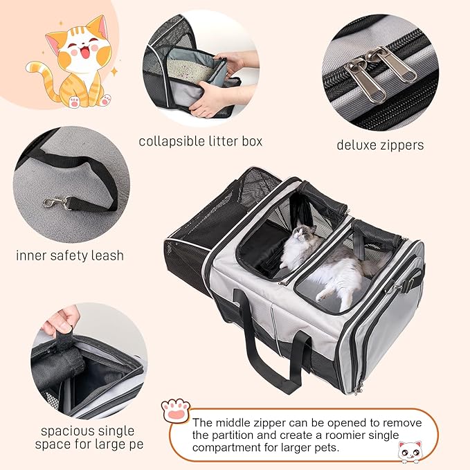 A.FATI Cat Carrier for 2 Cats, Pet Carrier for Multi-Cat Families & Small Dog, Expandable Double Soft Sided Carrier with 2 Litter Boxes, Pet Travel Carrier for Travel, Vet Visits & Home Use