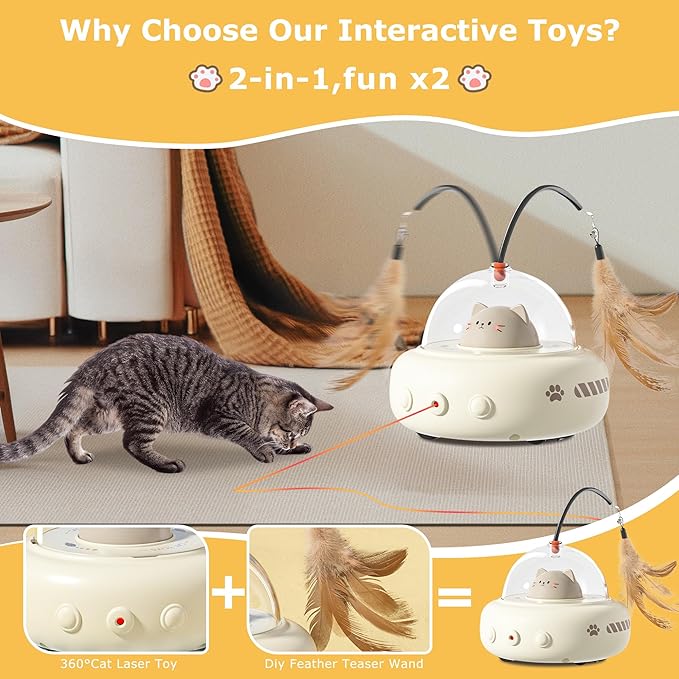 hooroor 2-in-1 UFO Laser Cat Toy with Feather, Automatic Motion Smart Sensor Interactive Toy for Indoor Cats&Small Dogs, Rechargeable Obstacle-Avoidance Exercise Toy, Self-Play Pet Gift White Updated