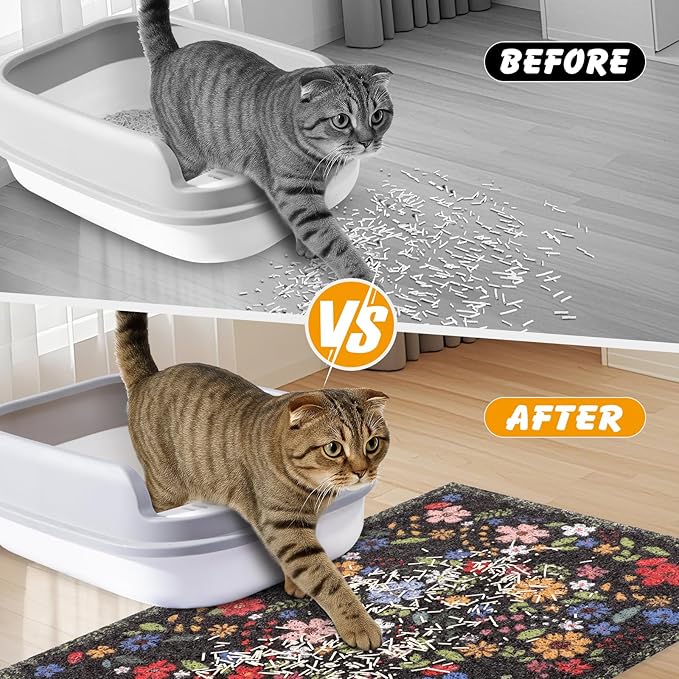 ondware Cat Litter Mat, 20x15 in Litters Box Mat Waterproof Non-Slip Easy to Clean Washable Trapping Mat for Kitty(Black Leaves)