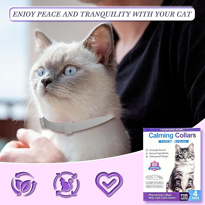 4 Pack Calming Collar for Cats - Adjustable Cat Calming Collar,Cat Calming Collar Anti Aggression for Cats,Cat Stress and Anxiety Relief for Small,Medium Large Cat
