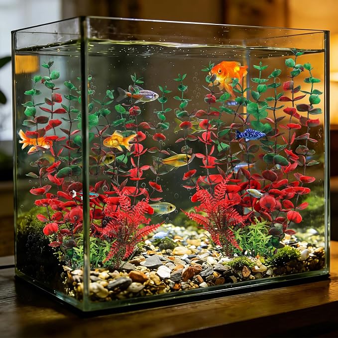 QUOZUO Aquarium Large Plants Decoration, Aquarium Decorations Artificial Plastic Plants, Dark Red Fish Tank Accessories 3pcs