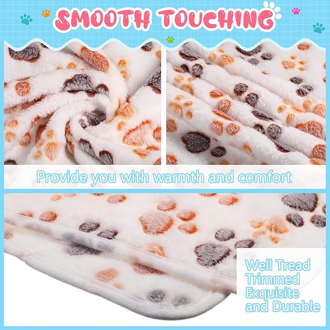 Tatuo 4 Pack Fleece Dog Blankets for Puppy Cats Multi-Size Sleep Mat for Pet Guinea Pig Soft Washable Warm Crate Bed Puppy Teething Toys Print Pattern Blanket Indoor(White,30 x 20.5 Inch,Paw)