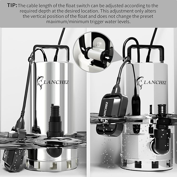 LANCHEZ 1.6HP 6000GPH Sump Pump, Stainless Steel High Flow Submersible Water Pump with Float Switch, Automatic Transfer Water Pump for Swimming Pool Basement Flooded Pit Sewage Sink Tub, Silver