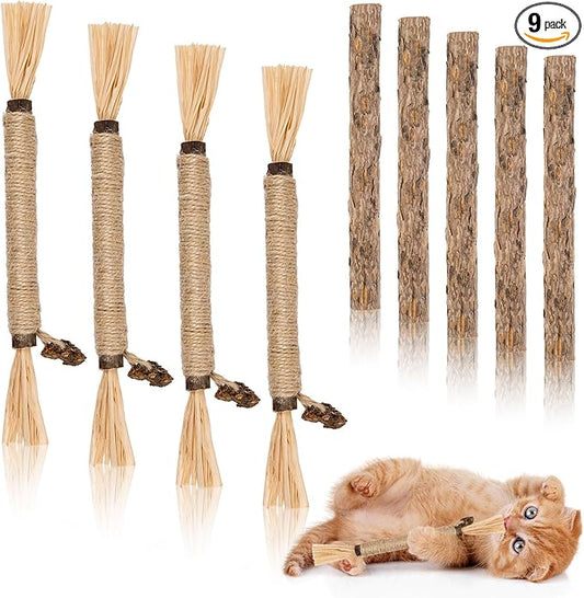 9 Pack Silvervine Sticks for Cats, Natural Cat Chew Stick Cat Toys Set, Matatabi Dental Care Cat Treat for Indoor Cats/Kittens Dental Care Teeth Cleaning/Play