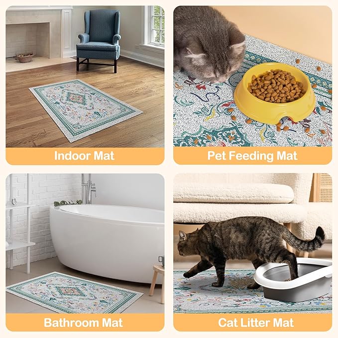 Glittme Cat Litter Mat with Non-Slip Bottom Litter Box Mat 33"X22" Litter Trapping Mat Easy to Clean Washable Cat Food Mat for Kitty,L