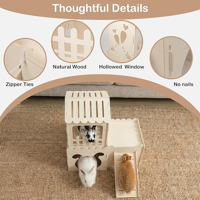 Extra Large Rabbit Castle, Wooden Bunny House &,Detachable Rabbit Hideaway, Indoor Hamster Castle with Ramp, Small Animal Houses & Habitats for Guinea Pig Chinchilla Ferret(3 House)