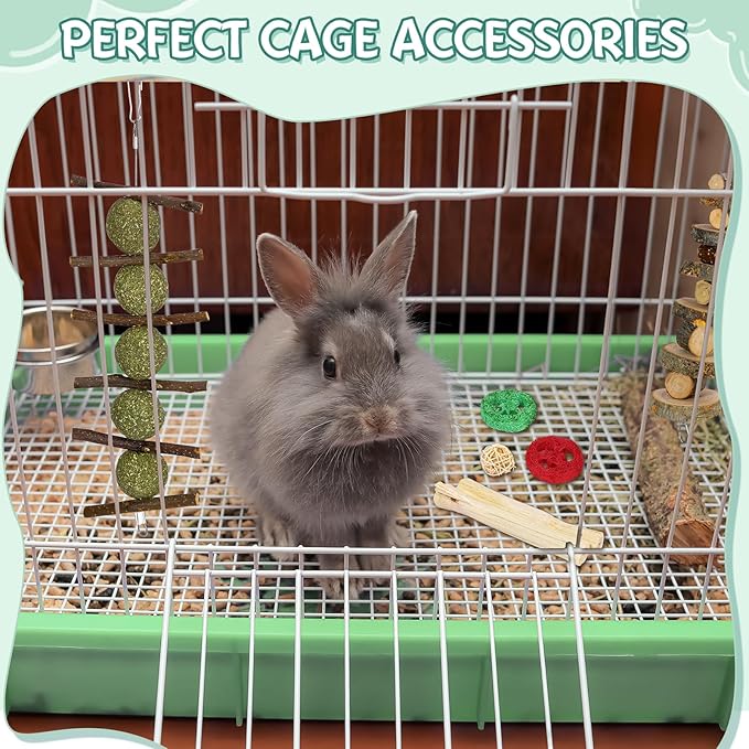 Rabbit Toys Bunny Chew Toys for Teeth, Treats for Chinchilla Rat Squirrel with Natural Apple Wood & Timothy Hay Sticks, Guinea Pig Enrichment Toys Hamster Cage Accessories for Small Pets Indoor