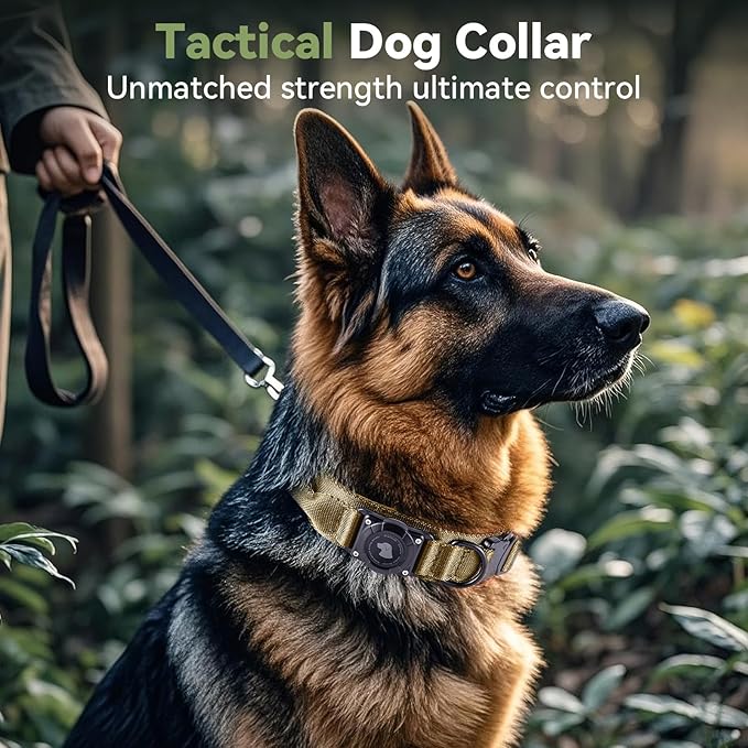 2026 Upgrade Waterproof AirTag Dog Collar, Military Tactical Dog Collar with AirTag Holder, Comfortable Control Handle and Metal Buckle, GPS Dog Collar Holder for Medium to Large Dogs (Khaki,L)