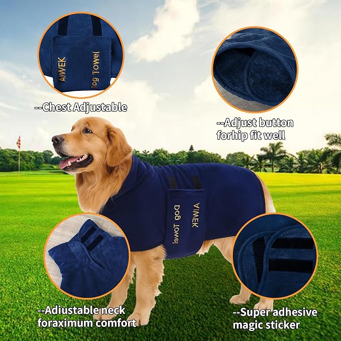 Dog Towel Dog Bathrobe, Microfiber Super Absorbent Pet Bathrobe, Quick Drying Robe for Dogs and Cats After Bath, Adjustable Collar & Belly Strap, Blue, XL