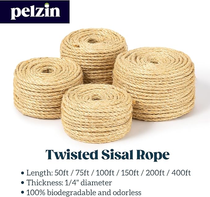 Pelzin Natural Sisal Rope for Cat Scratcher 1/4 Inch by 100 Feet, Cat Tree Rope Twine for Cat Scratching Post Replacement, Cat Tower with Scratch Post Repairing, Replace, Recovering and DIY, Natural