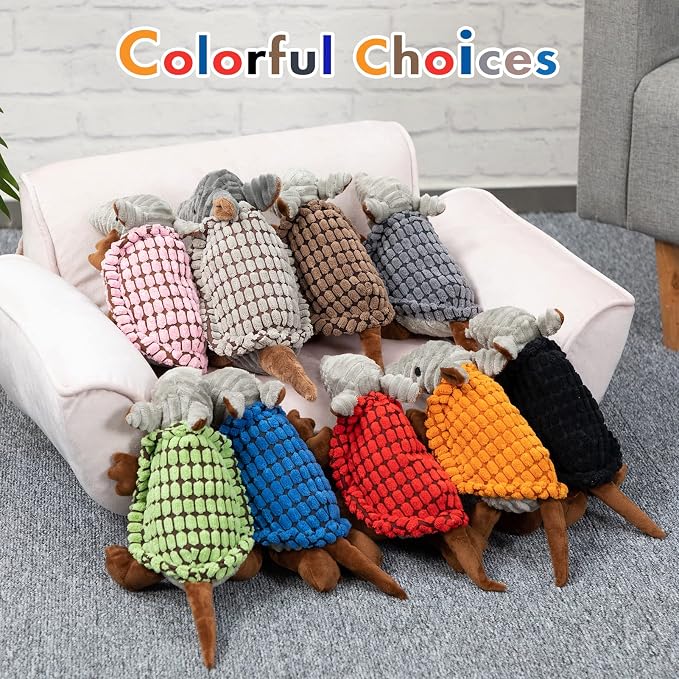Hollypet Plush Dog Squeaky Toy Stuffed Armadillo Animal Pet Puppy Chew Toys with Clean Teeth for Small Medium Large All Breed Sizes Dogs, Black, 8 in