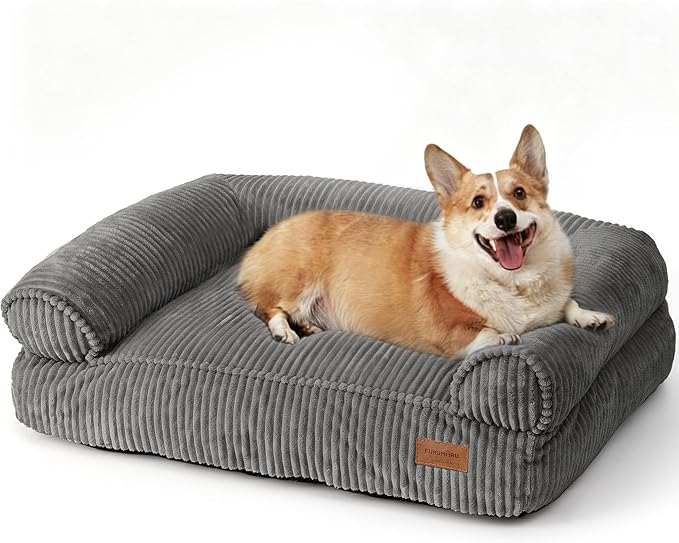 FUKUMARU Cute Dog Bed, Thickened Orthopedic Dogs Couch, 36in Egg Crate Foam Pet Sofa for Medium to Large Dogs, Waterproof Warm Corduroy Pet Bed with Washable Cover, Dark Grey