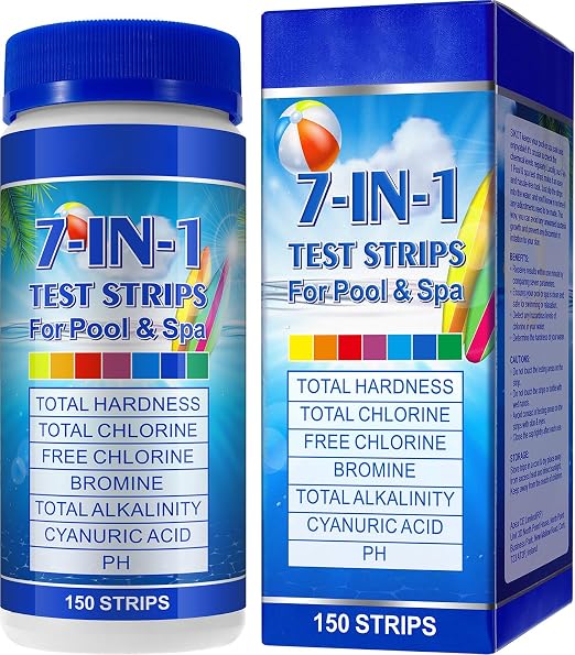 Pool Test Strips 7-in-1 (150Pcs)| Hot Tub Test Strips for Swimming Pool & Spa | Pool Water Testing Kit for Chlorine, Bromine, Ph, Hardness, More - All in 1 Swimming Pool Test Strips