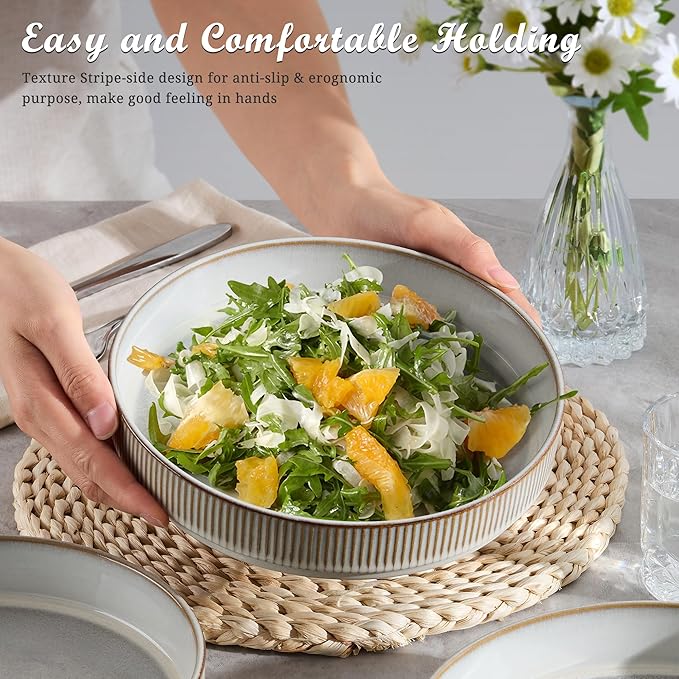 E-far Pasta Bowls Set of 6, 35oz Large Salad Bowl Plate for Dinner Serving, Wide & Shallow Ceramic Stoneware Pasta Plates, Microwave & Dishwasher Safe, Reactive Glaze Textured Stripes, Creamy Beige