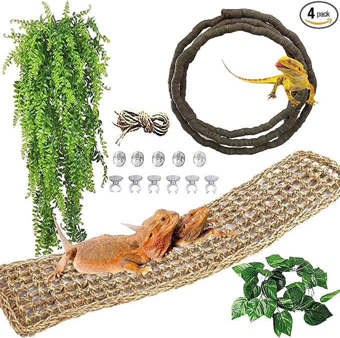 kathson Bearded Dragon Large Hammock,Lizard Lounger 29.53x7.08inches Natural Seagrass Fibers Pet Recliner Flexible Vine Decoration for Gecko Chameleon Snakes (4 PCS)