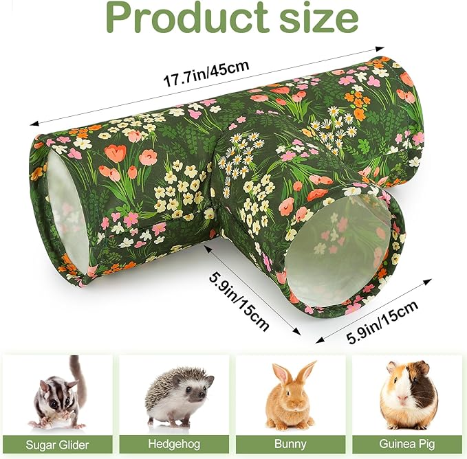 Bienbee Guinea Pig Tunnel, 3 Way Washable Guinea Pig Hideout,Foldable Rabbit Tunnel Guinea Pigs Toys for Bunny Hamster Chinchilla Ferret Rabbit Guinea Pigs Accessories Green Flower