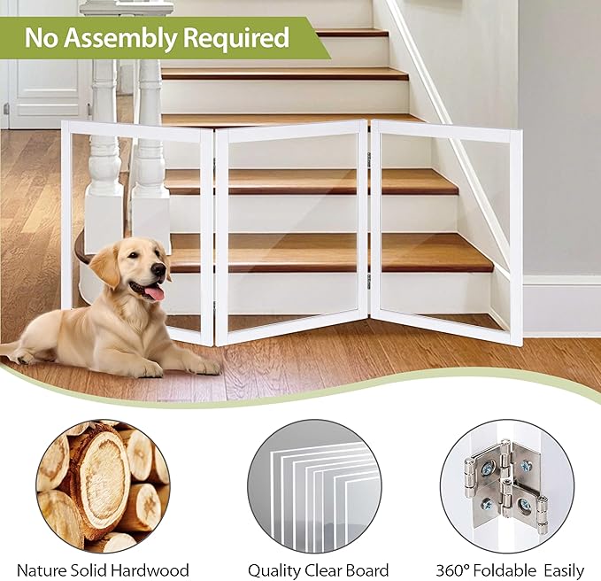 LZRS Clear Dog Gate for Indoor Use - Transparent Pet Fence with Solid Hardwood and Plastic Board, Stylish & Durable freestanding Pet Gate for Doorways, Stairs and Hallways, Off White
