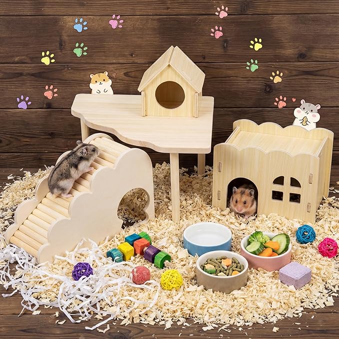BreezeHug 4 Pcs Hamster Platform Hideout Wooden Tunnel Ladder Playhouse Hamster Game Climbing Toy with Platform Cage Accessories for Pets Dwarf Syrian Mice Degus Gerbils Squirrel(Wave House)
