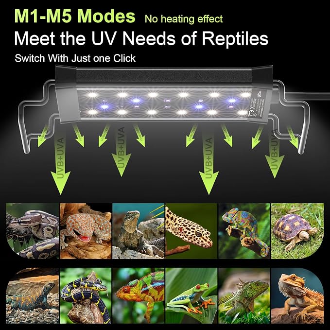 12W LED UVB Light for Reptiles Terrarium Light Extendable Reptile Tank Light with Controller ＆Dimming and 5 UVI Modes Full Spectrum Brilliant White Blue Red Lights for Bearded Dragon, Gecko