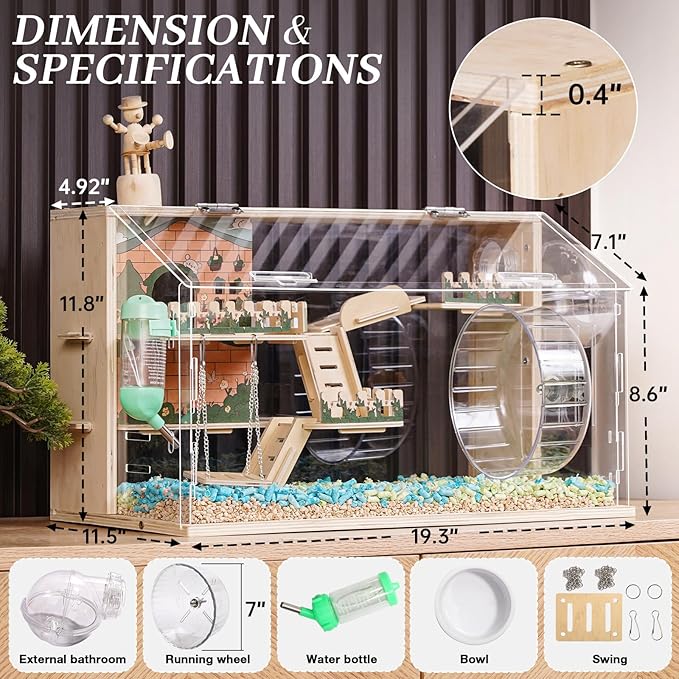 11 in 1 Wooden Hamster Cage with All Accessories, 19.3" 3-Layer Dwarf Hamster Cage Acrylic,Small Animal Cages, Pastoral Style Mouse Cage for Mice, Hedgehog and Small Pets, with Stairs, Fences, Swing