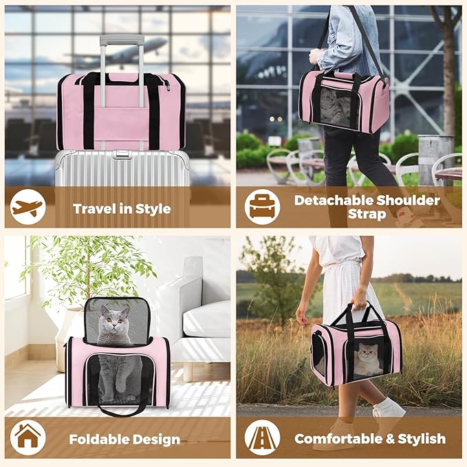 Soft Sided Pet Carrier - TSA Approved Collapsible Waterproof Travel Carrier for Small/Medium Cats Dogs Puppies (Up to 15lbs) - Pink