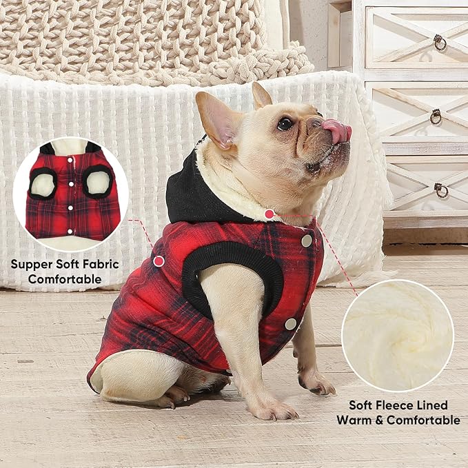 Vecomfy Fleece Lining Dog Hoodie for Medium Dogs Extra Warm Plaid Sweater with Drawstring Hooded Coats in Winter Puppy Jacket,Red L