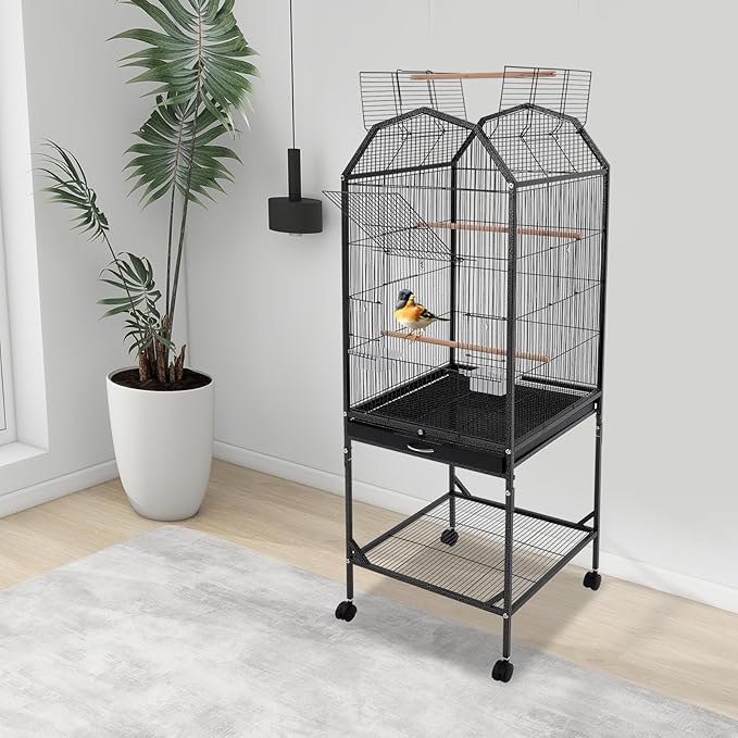 Birdcage Open Top 54 Inch Birdcages with Pull-Out Tray, Rolling Bird Cages with Wheels for Parakeets, Parrot, Cockatiel, Pigeon, Finch Cage(Black)