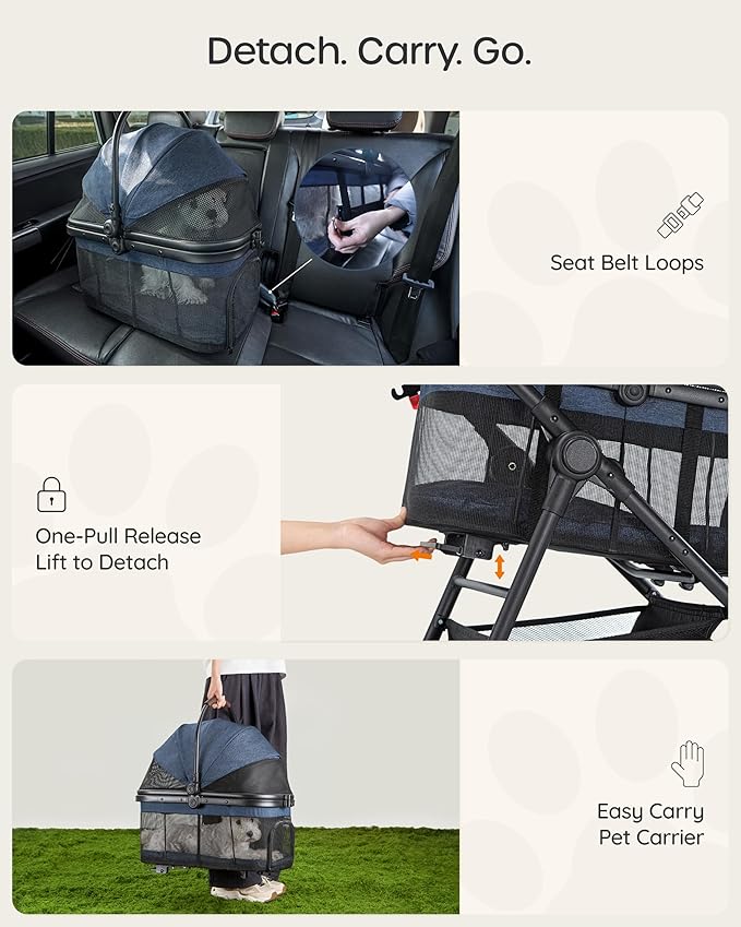 3 in 1 Pet Carrier Stroller with Detachable Carrier, Foldable Dog & Cat Stroller for Small/Medium Dogs up to 33 lbs, Large Storage Bag, Full Window Mesh, One-Touch Dual Brake, Car Seat