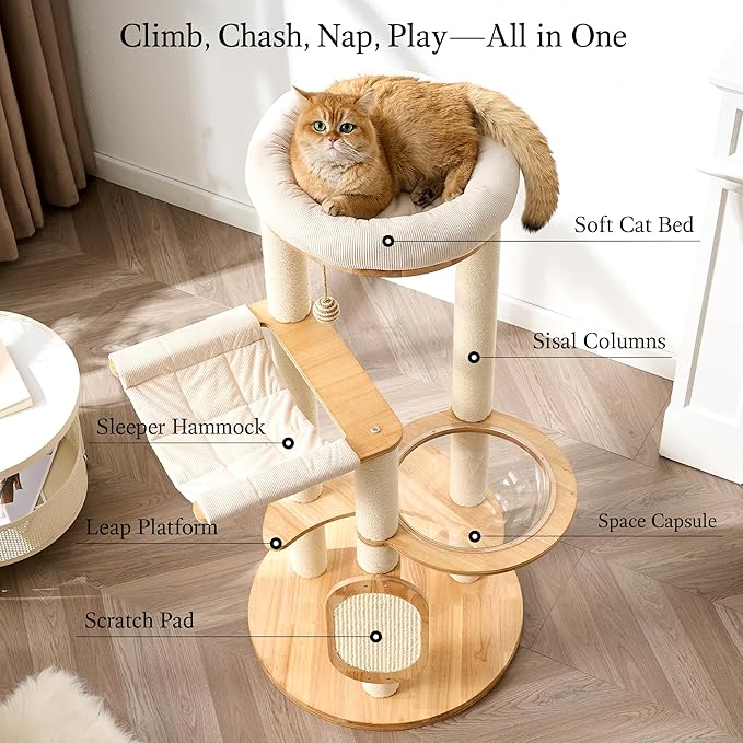 797Audio Modern Wood Cat Tree Tower, 49" Cat Tree with Sisal Scratching Posts, Capsule, Hammock and Scratch Pad for Indoor Cats, Solid Rubber Wooden Cat Tree, Multi-Level Tree for Large Adult Cat