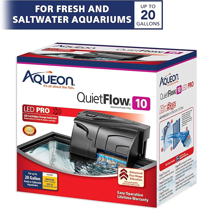 Aqueon QuietFlow 10 LED PRO Aquarium Fish Tank Power Filter For Up to 20 Gallon Aquariums