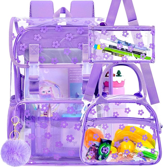 17" Plum Blossom Clear Backpack for Girls - 3Pcs Flip Design Stadium Approved Set, Campus/School Transparent Bookbag (Purple)