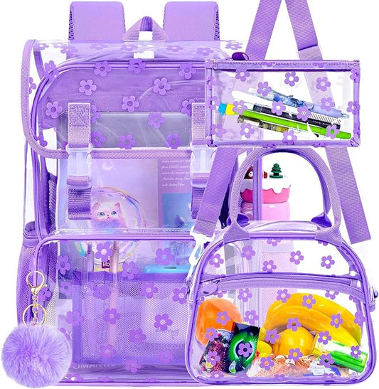 17" Plum Blossom Clear Backpack for Girls - 3Pcs Flip Design Stadium Approved Set, Campus/School Transparent Bookbag (Purple)