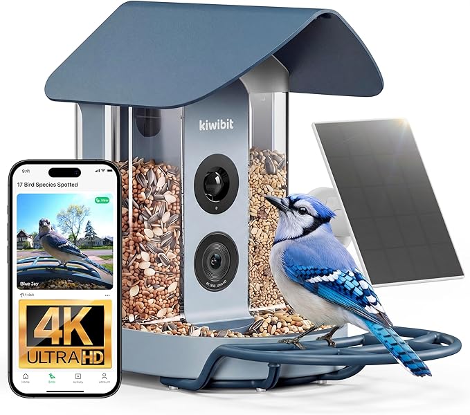 Kiwibit Smart Bird Feeder with Camera, Solar Powered for Outdoors, Bird Species AI Identification, 8MP Photo, 4K Video Livestream, Real-Time Bird Alert, Birdwatching Gifts for Bird Lovers, Bluejay Sky