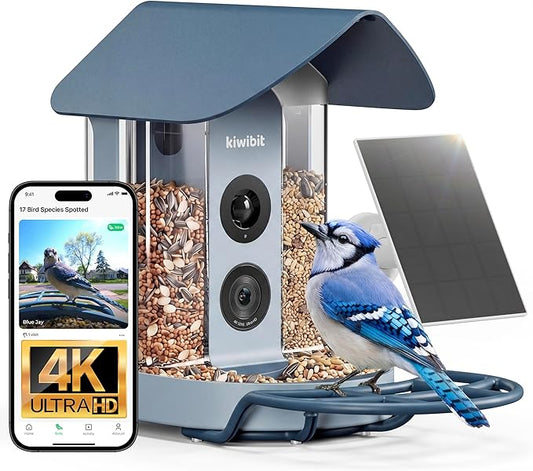 Kiwibit Smart Bird Feeder with Camera, Solar Powered for Outdoors, Bird Species AI Identification, 8MP Photo, 4K Video Livestream, Real-Time Bird Alert, Birdwatching Gifts for Bird Lovers, Bluejay Sky