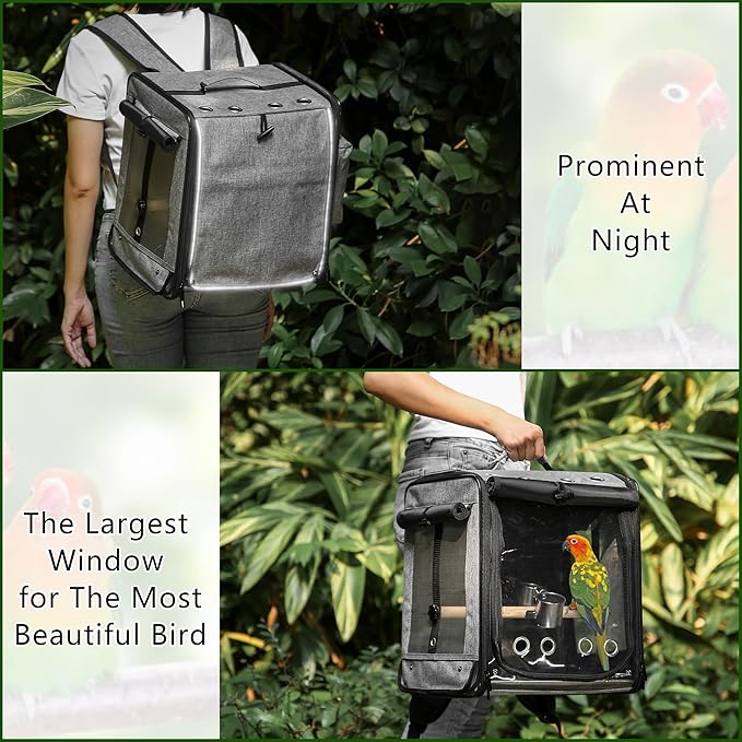 Bird Carrier with Seat Belt for Car Travel, Bird Backpack Carrier with Indestructible Stainless Steel Mesh, Large Bird Carrier Travel Cage, Grey