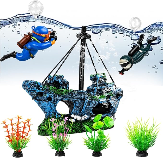 7 Pcs Aquarium Decor Set, Shipwreck Decoration Little Diver Floating Fish Tank Decoration Fish Tank Plants for Small Tank Driftwood Betta, Guppy & Shrimp