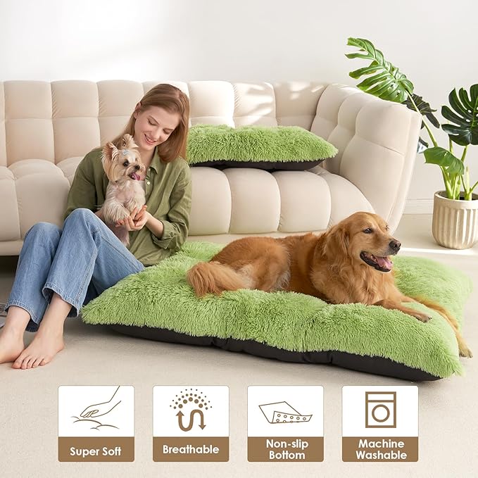 EHEYCIGA Fluffy Dog Crate Bed for Medium Dogs, Plush Faux Fur Crate Pad, Calming Anti Anxiety Medium Dog Bed, Washable Soft Warm Mat with Non-Slip Bottom, Green