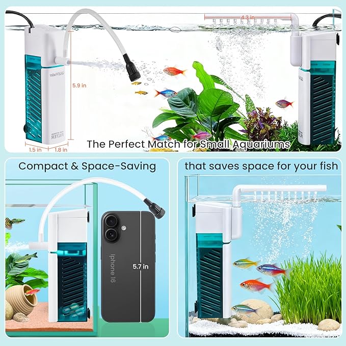 Small Fish Tank Filter, Aquarium Filter，Aquarium Internal Filter | Ideal for 2-10 gal fish tanks, 3W 80GPH with two modes. Works in fresh & saltwater.