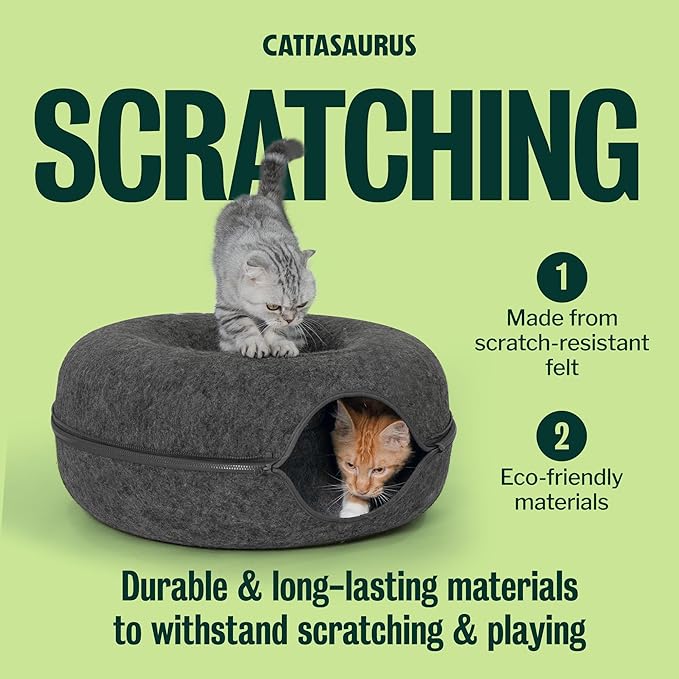 Cattasaurus Peekaboo Cat Cave for Multiple & Large Cats Up to 30-45 Lbs, Scratch Detachable & Washable Tunnel Bed, Comfy Donut Cat Cave (Dark Gray, Large)