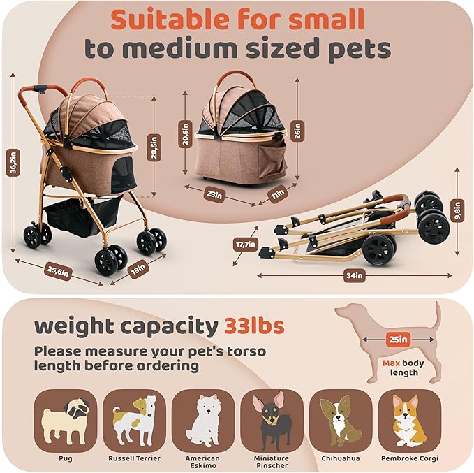 Pet Stroller for Small Medium Dogs & Cats – 2-in-1 Detachable Carrier, Zipperless Entry, Lightweight Folding Travel Stroller with Storage Basket, Cup Holder, Brown
