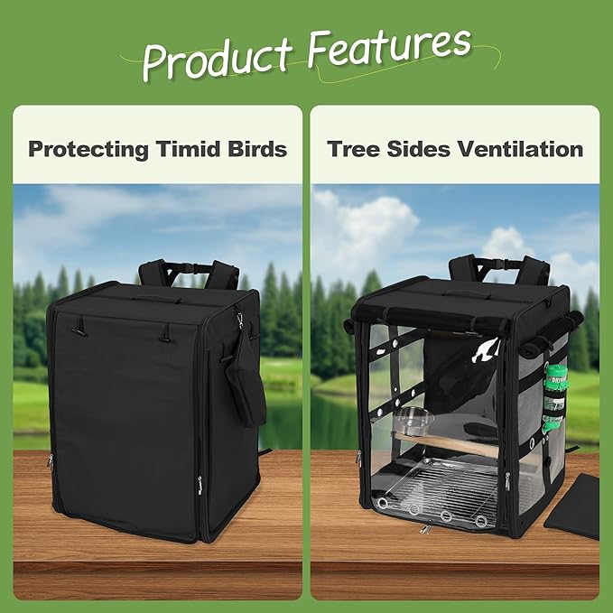 Bird Carrier Travel Cage, Cockatoo Carrier, Parrot Travel Backpack with Unbreakable Stainless Steel Mesh, Perch, Water Bottle and Food Bowl, X-Large Black