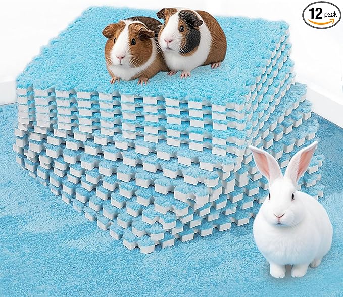 BNOSDM 12Pcs Guinea Pig Plush Pads, Reusable Rabbit Sleeping Floor Mats with Edging, Washable Guinea Pig Fleece Cage Liners, Soft Warm Bunny Bedding, Cage Pad for Small Animals (11.8", Blue)
