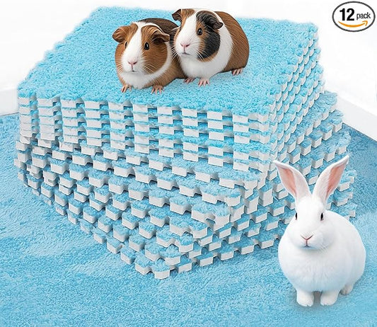 BNOSDM 12Pcs Guinea Pig Plush Pads, Reusable Rabbit Sleeping Floor Mats with Edging, Washable Guinea Pig Fleece Cage Liners, Soft Warm Bunny Bedding, Cage Pad for Small Animals (11.8", Blue)