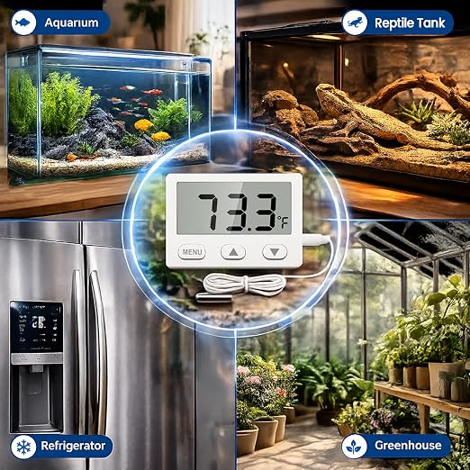 Fish Tank Aquarium Thermometer with Probe, 2.65" Large LCD and Alarm | 4.9 ft Probe, 2-sec Refresh, ±1°F Accuracy, -40℉ to 176℉, High Low Alert, Calibration, °F/°C Switch for Betta Turtle Tank