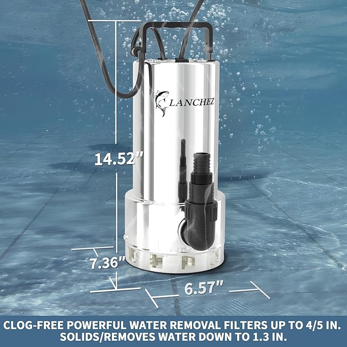 LANCHEZ 1.6HP 6000GPH Sump Pump, Stainless Steel High Flow Submersible Water Pump with Float Switch, Automatic Transfer Water Pump for Swimming Pool Basement Flooded Pit Sewage Sink Tub, Silver